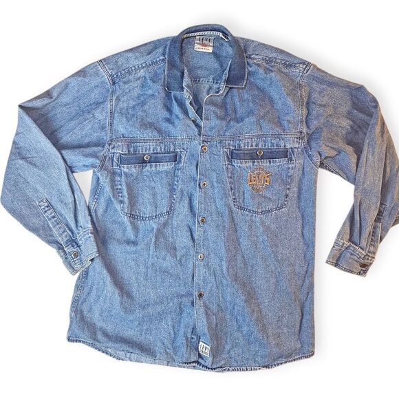 Levis Vintage Blue Denim Embroidered Button Down Long Sleeve Shirt - Picture 1 of 12